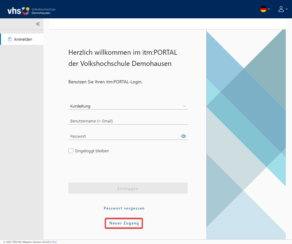 Login-Seite mit der Schaltfläche „Neuer Zugang“