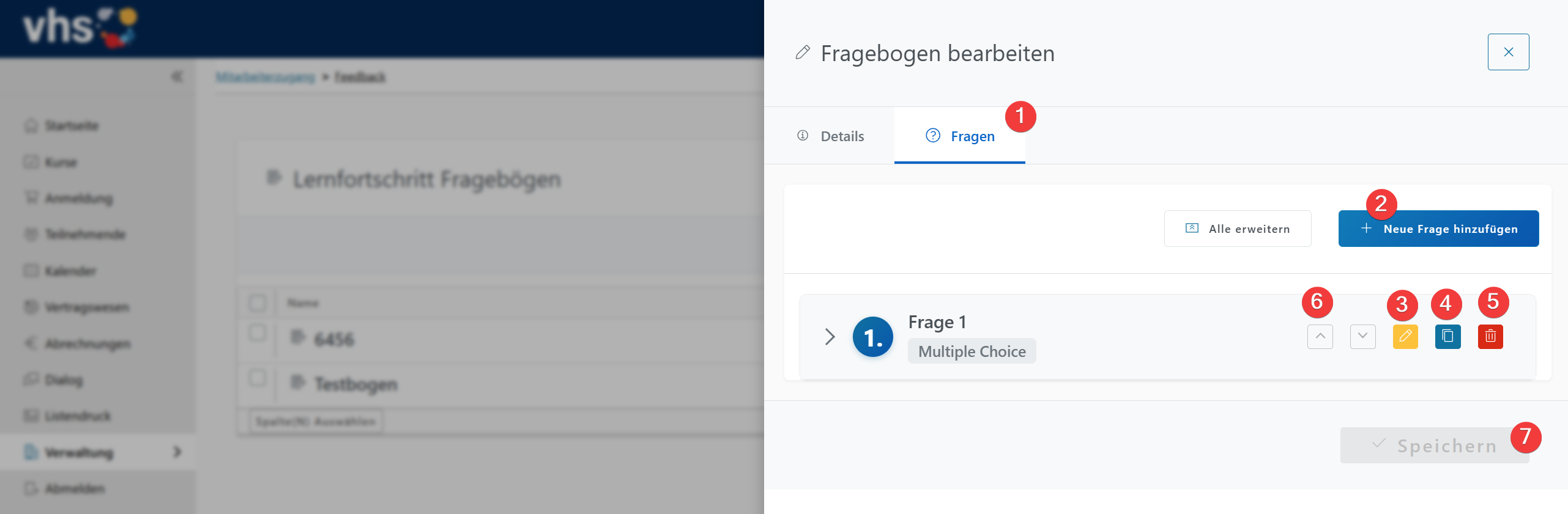 Bearbeitungsmöglichkeiten in der Fragenübersicht