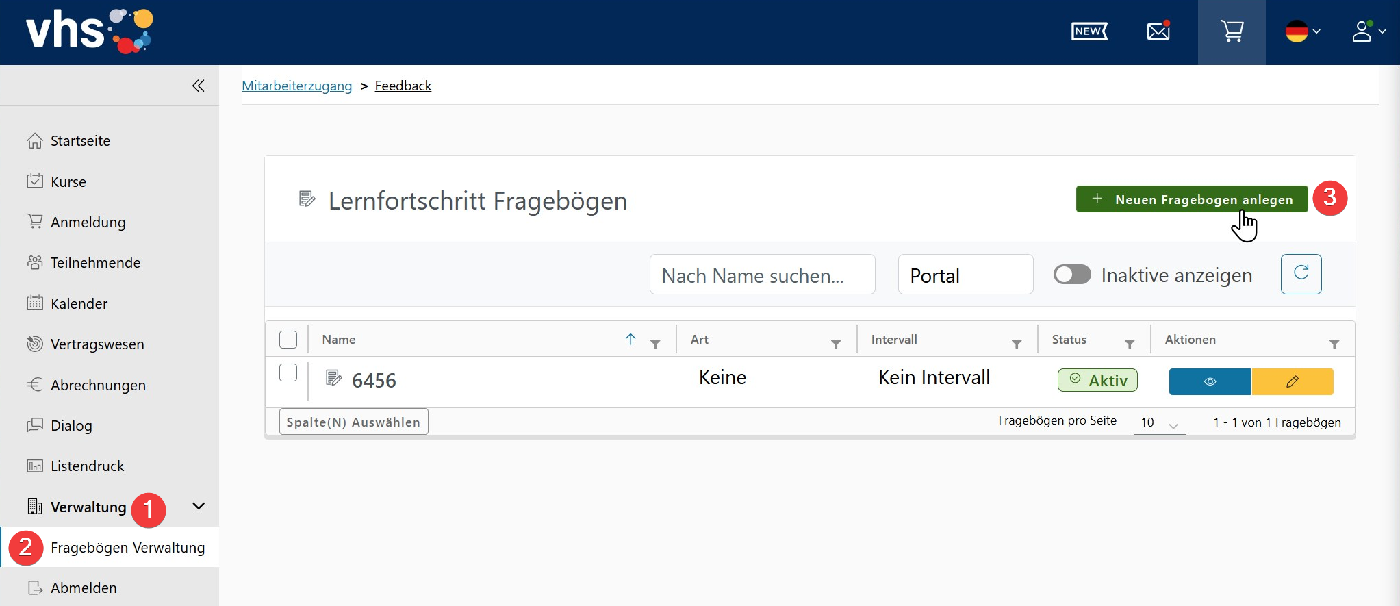 Verwaltung und Schaltfläche zum Anlegen eines Fragebogens