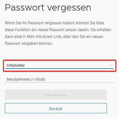 Auswahl beim Zurücksetzen des Passworts