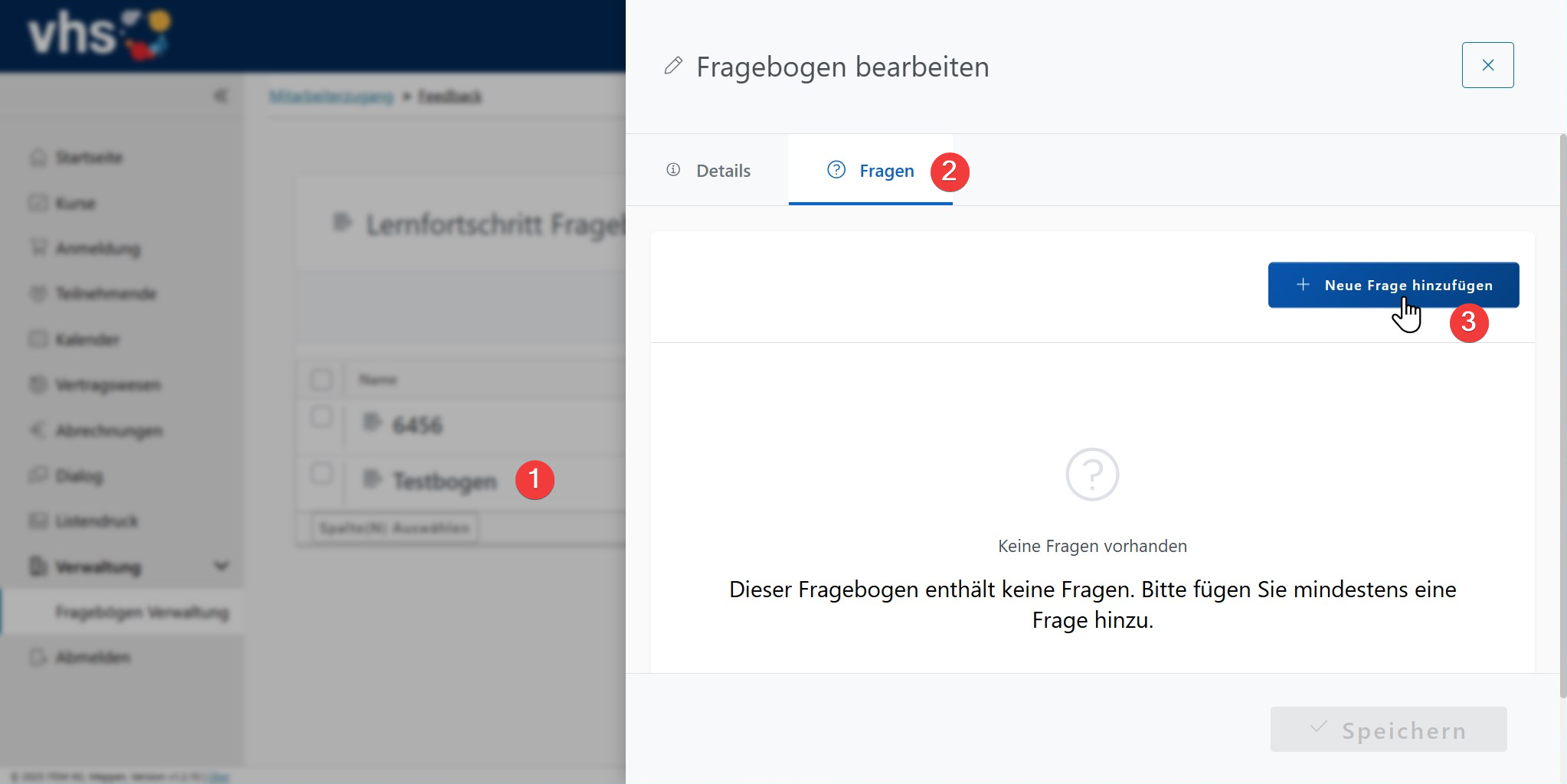 Registerkarte „Fragen“ und Schaltfläche zum Hinzufügen einer Frage