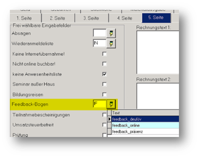 Auswahl der Feedbackbögen in KuferSQL Version 4