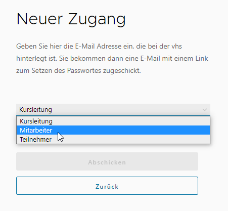 Auswahl des Zugangstyps „Mitarbeiter“