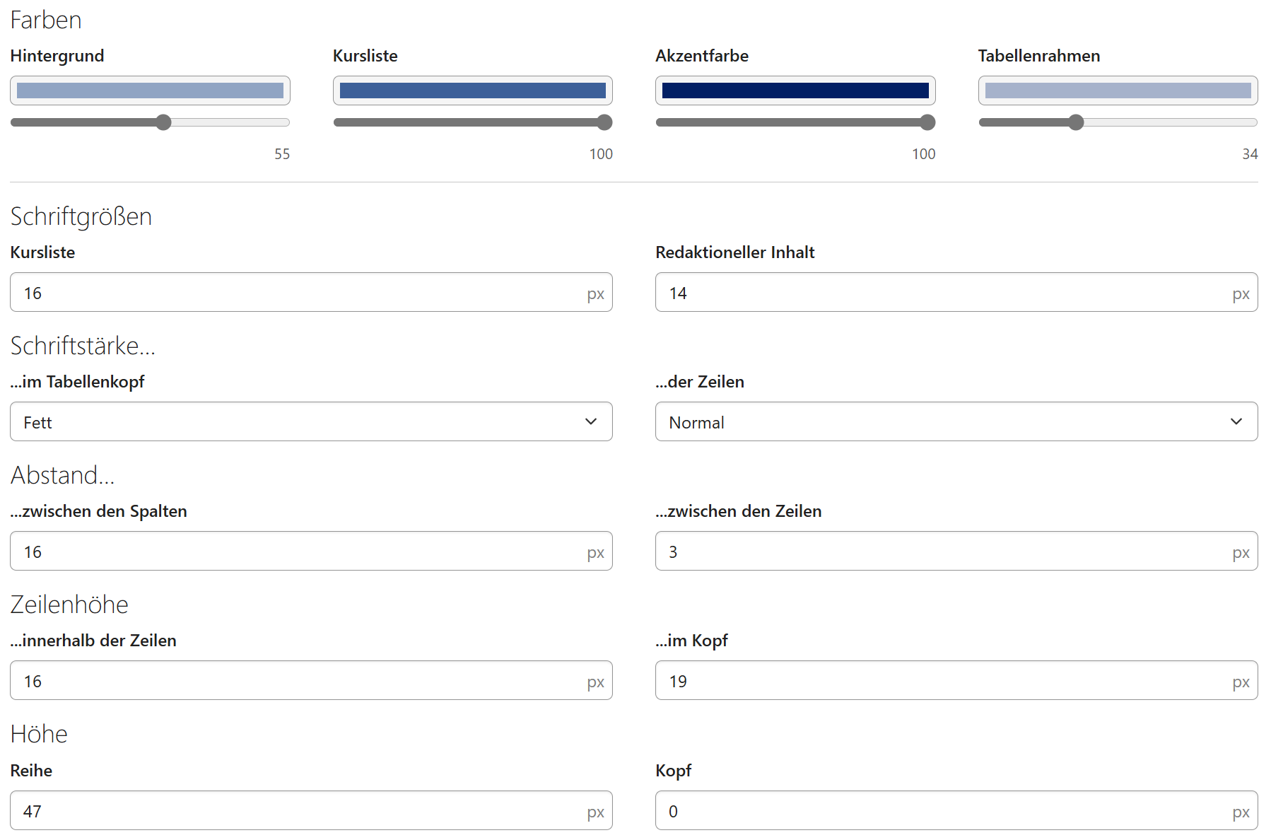 Farbeinstellungen des InfoScreens
