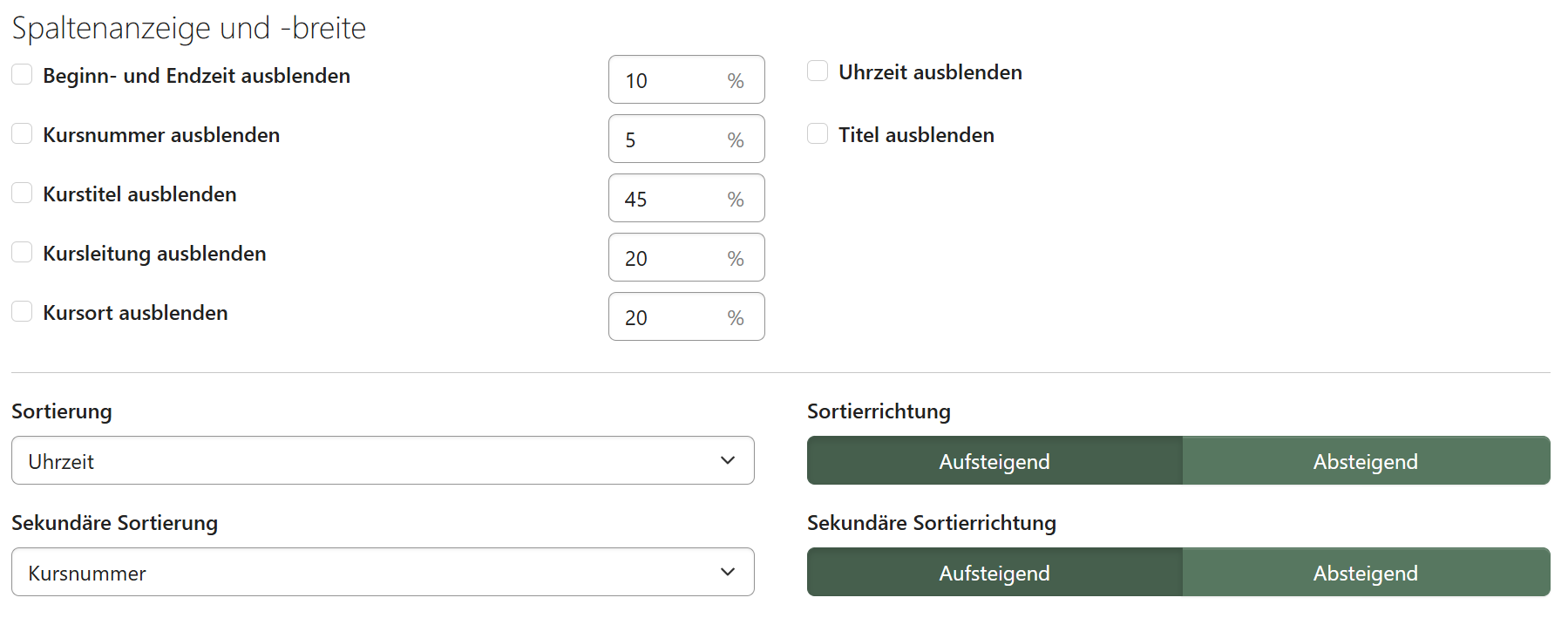 Optionen für Abstände, Spalten und Sortierung