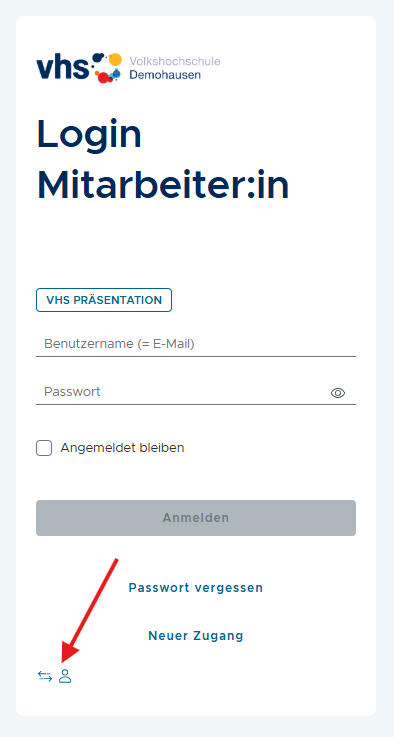 Login-Maske mit markiertem Bereichswechsel