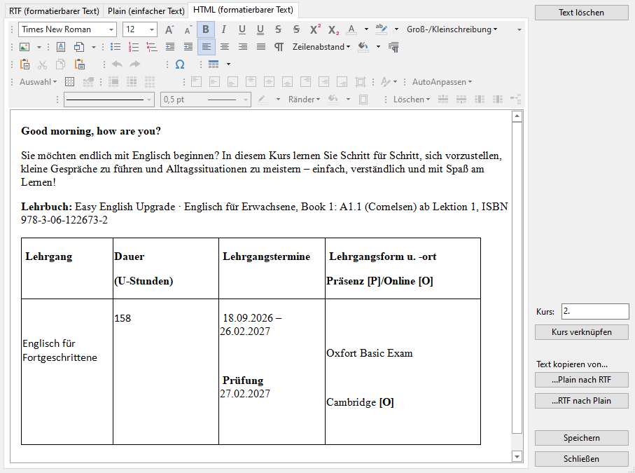 Aktuelles HTML-Feld für webbasierte Texte