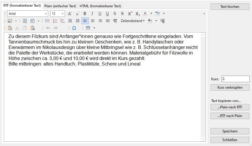 Aktuelles RTF-Feld für formatierte Kurstexte