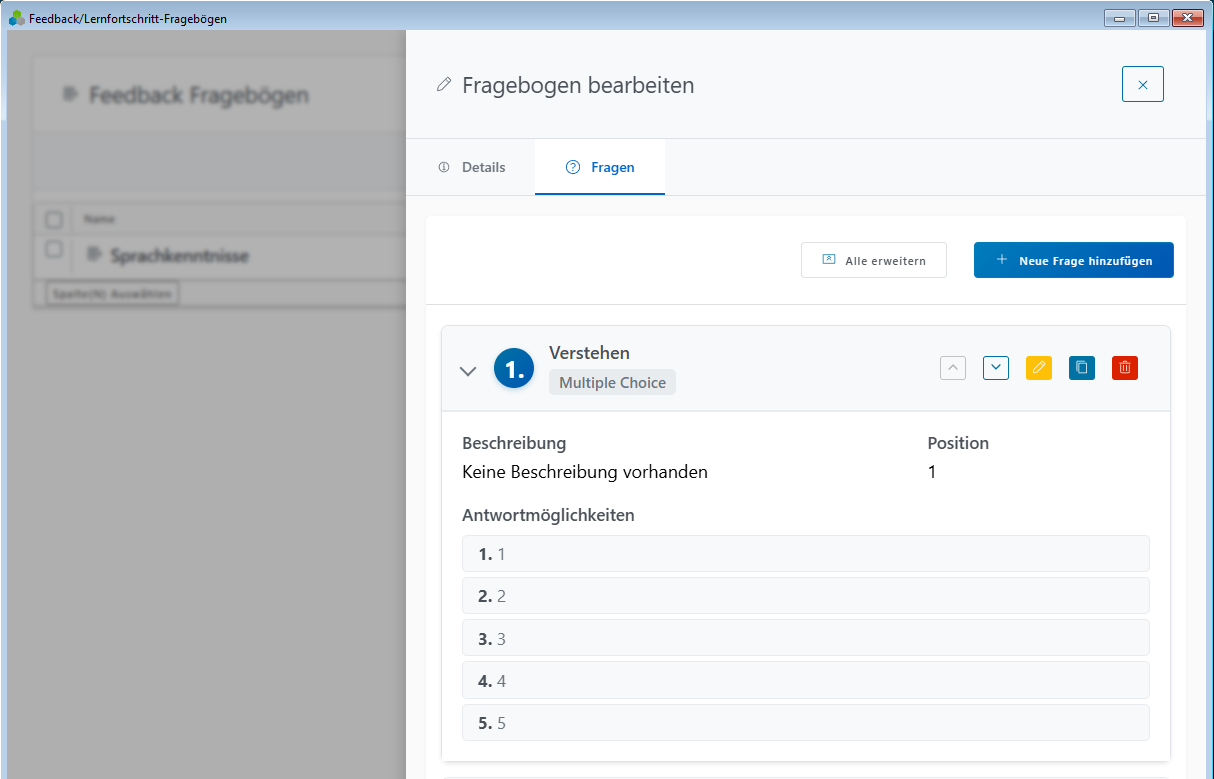 Fragebogenverwaltung für den Lernfortschritt