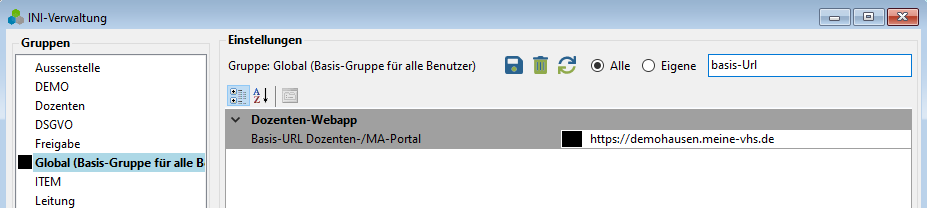 Basis-URL des Dozenten-/Mitarbeiter-Portals in der INI-Verwaltung