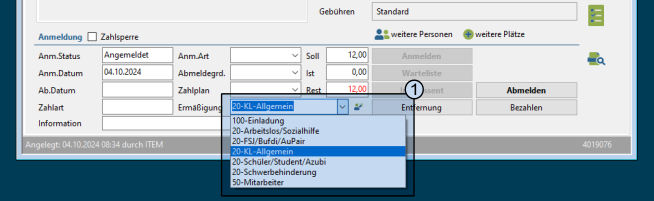 Screenshot: Auswahl Ermäßigungsgruppe