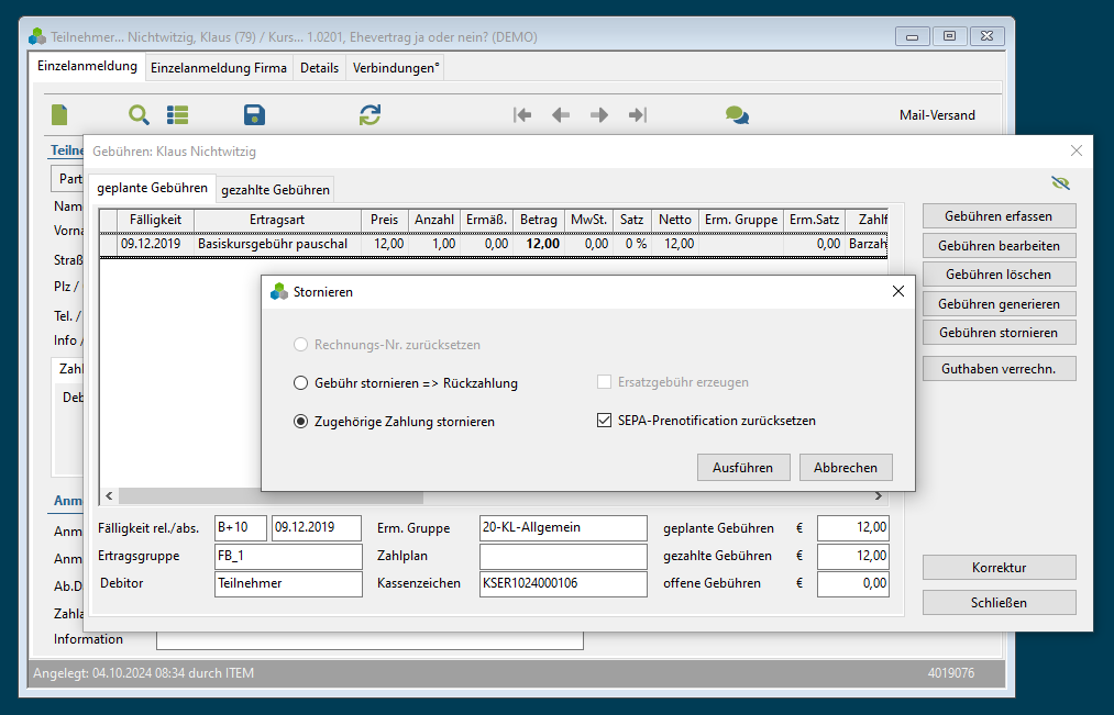 Screenshot: Stornierungsoptionen