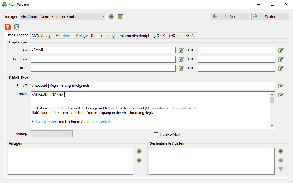 Mail-Template während des Exports bearbeiten