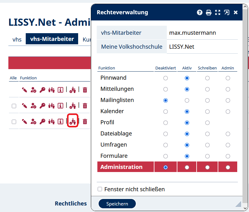 Rechteverwaltung des ausgewählten Mitarbeiters