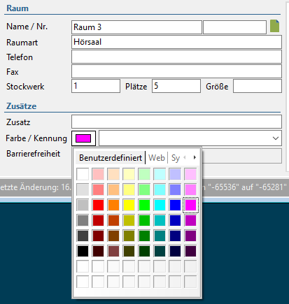 Screenshot: Farbpalette in der Raum-Maske
