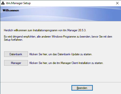 Screenshot: Setup-Modus auswählen (Datenbank, Client)