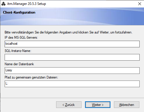 Screenshot: Einstellungen für Datenbank-Server und Netzwerkfreigabe