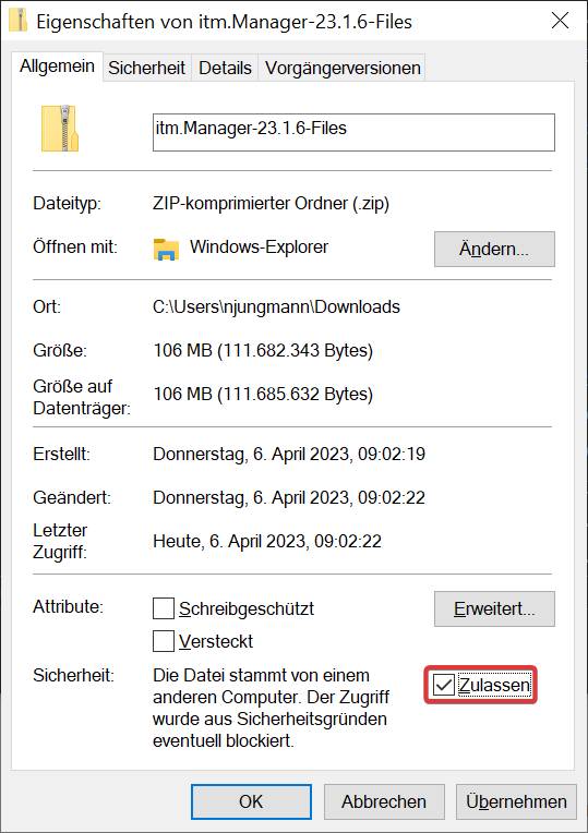 Screenshot: Eigenschaften des Updates
