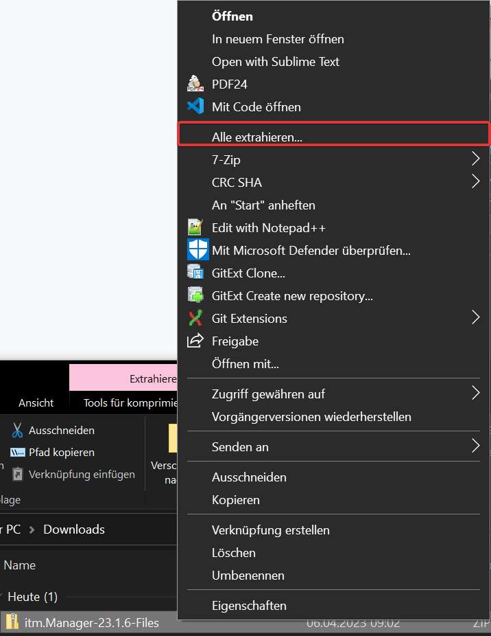 Screenshot: Rechtsklick auf die ZIP-Datei