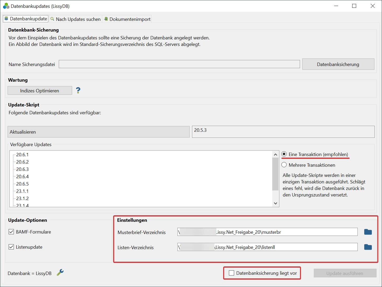 Screenshot: Die Datenbankupdates-Maske