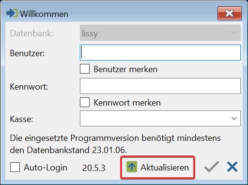 Screenshot: Hinweis auf Datenbank-Updates beim Login